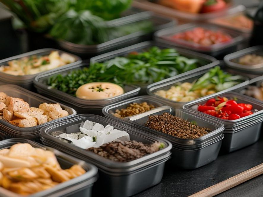 Prepared meal components in glass containers ready for the week