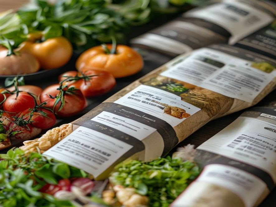 Nutritional information labels and food samples displayed