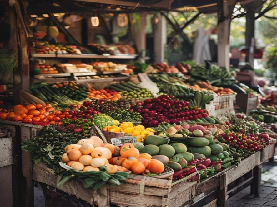 Seasonal fresh vegetables displayed at a farmers market stand